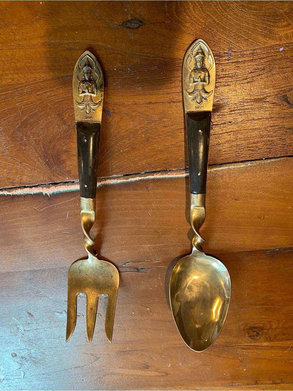 Brass and Dark Wood Serving Spoon and Fork Set - From Siam